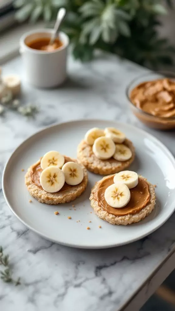 Rice cakes topped with nut butter and banana slices on a plate