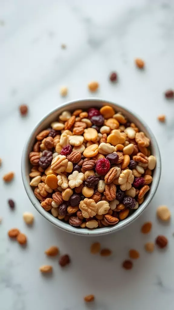 A bowl of colorful nutty trail mix with various nuts and dried fruits.