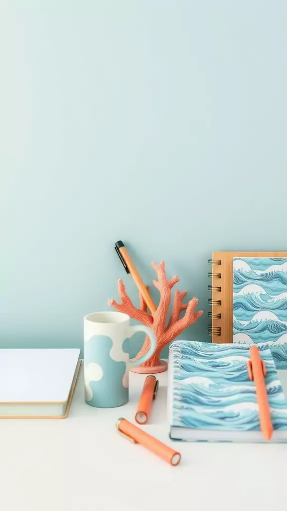 A coastal-themed desk with coral pen holder, wave-patterned notebooks, and light blue mug against a pastel background.