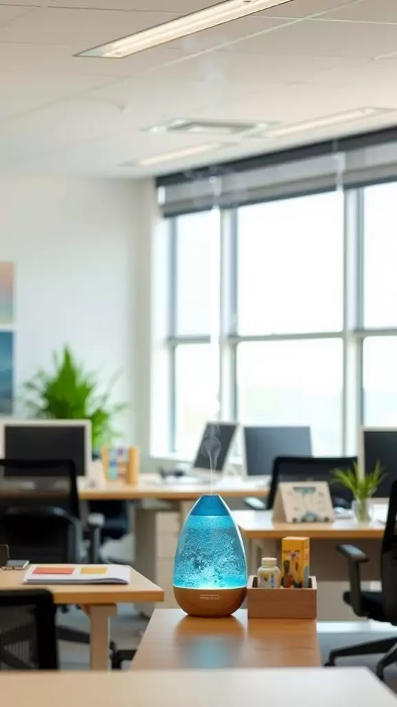 A modern office space featuring a blue aromatherapy diffuser on a desk.