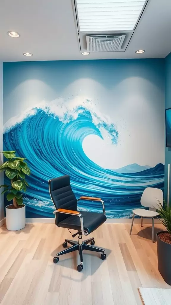 An office featuring a vibrant ocean wave accent wall with a modern chair and plants.