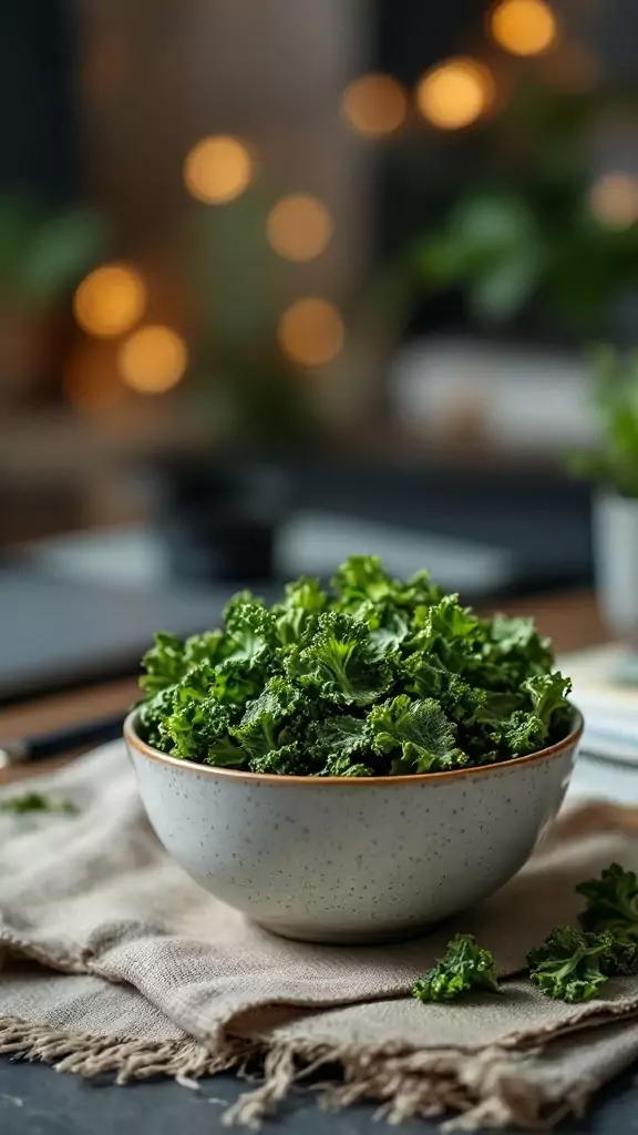 A bowl of fresh kale chips on a table.