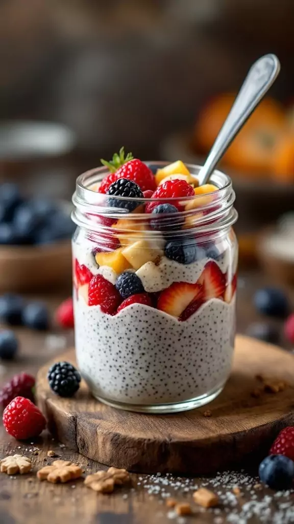 A jar of overnight chia pudding topped with fresh berries and mango.