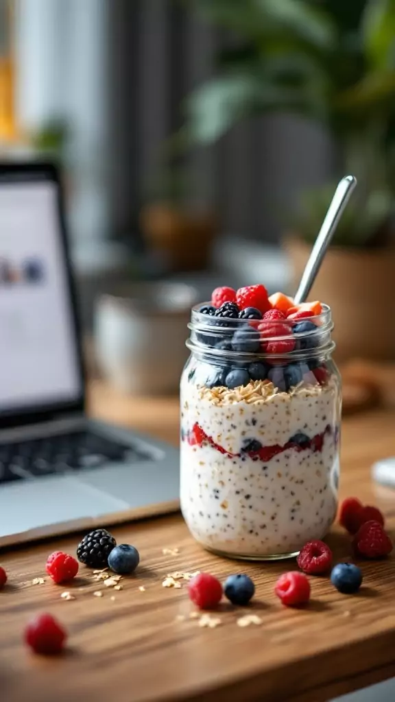 A jar of overnight oats with almond milk topped with berries, sitting next to a laptop.