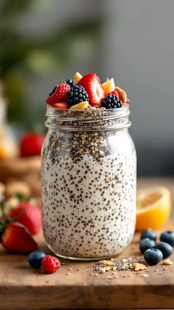 A jar of overnight oats with chia seeds topped with fruits and nuts.