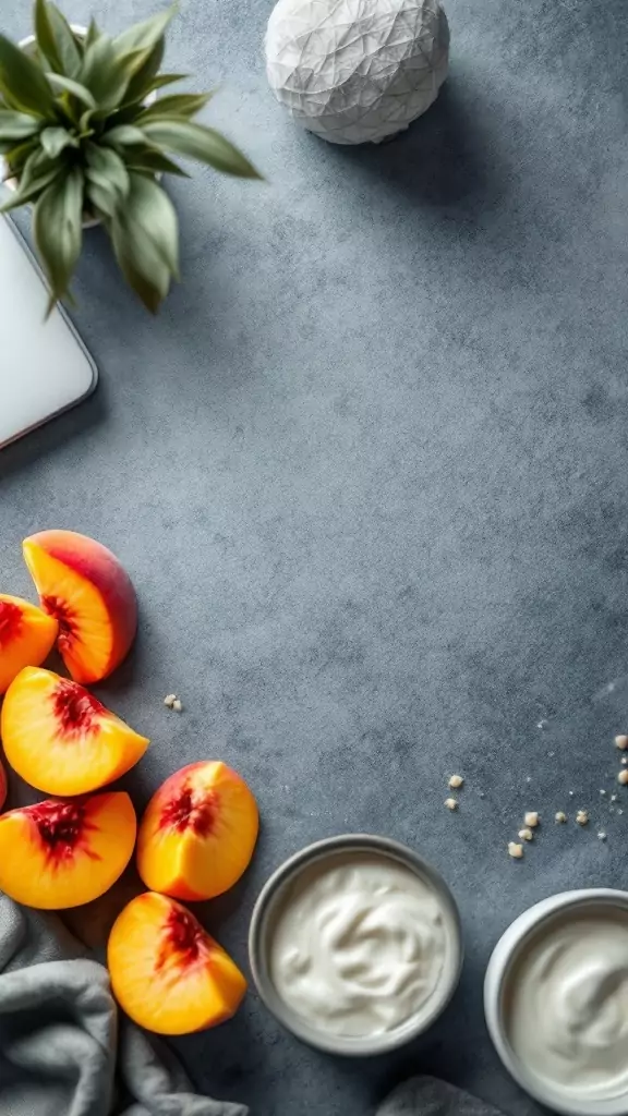 Peach slices with Greek yogurt on a table