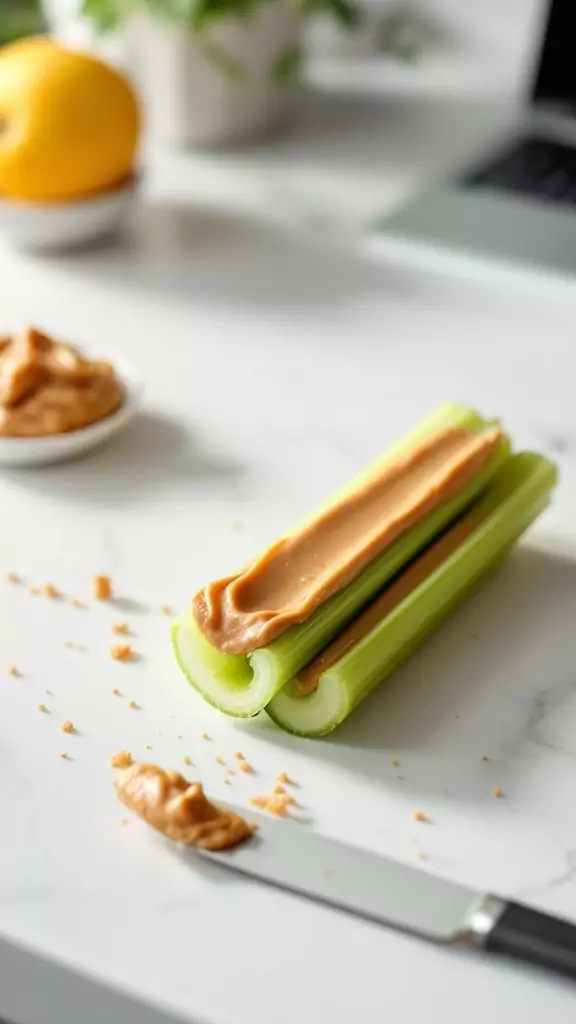 Celery sticks with peanut butter spread on a marble countertop.