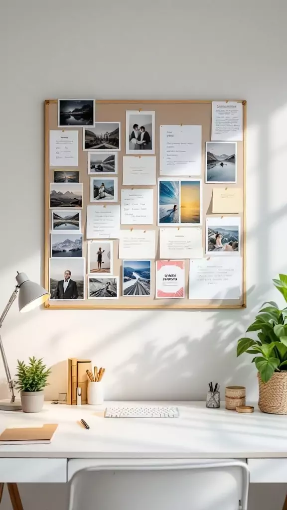 A personalized inspiration board filled with photographs and notes, enhancing a Japandi home office atmosphere.