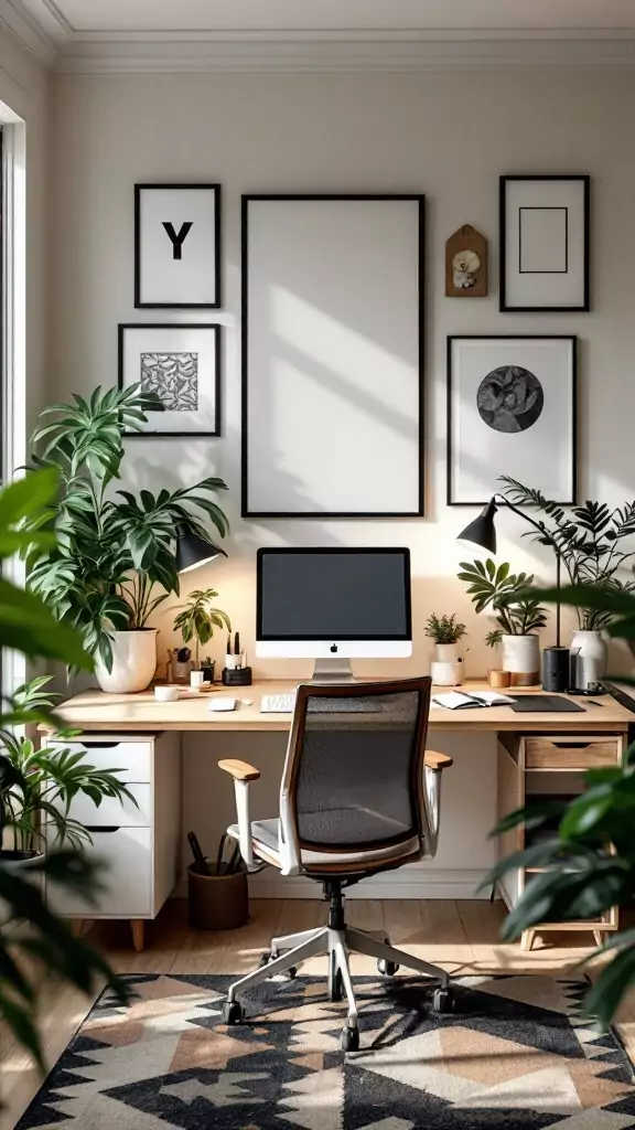 A minimalist home office featuring a sleek modern desk, plants, and framed artwork on the wall.