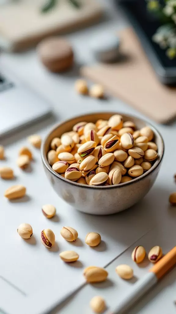 A bowl of pistachios in the shell on a work desk