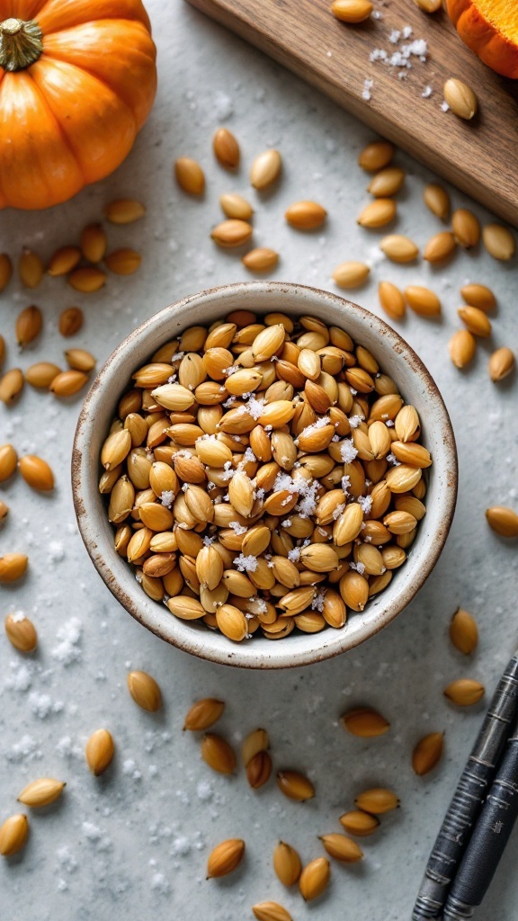 A bowl of pumpkin seeds sprinkled with sea salt, surrounded by a few scattered seeds and a small pumpkin.