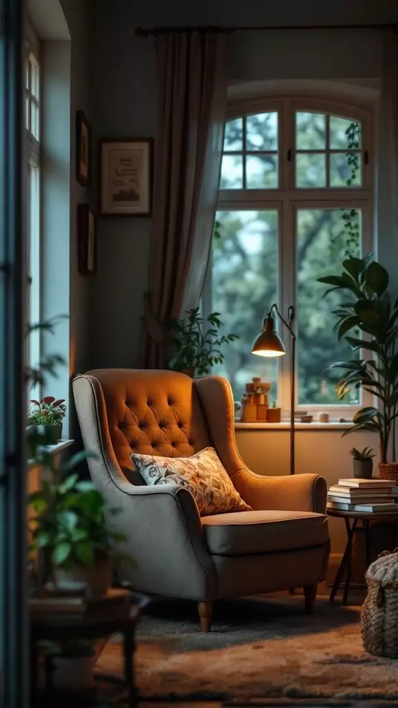 Cozy reading corner with a comfortable chair, plants, and soft lighting