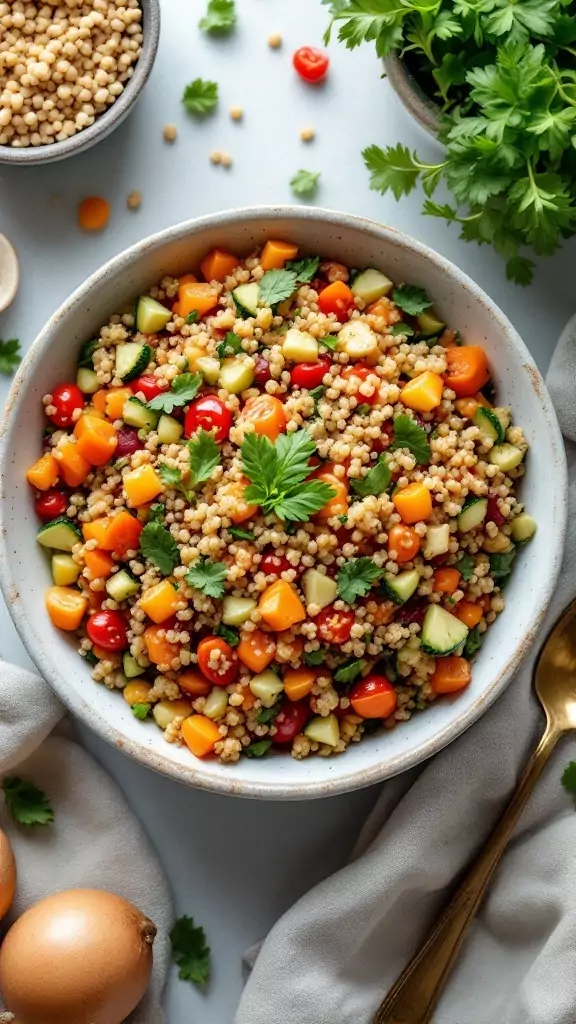 A bowl of quinoa salad with vibrant veggies like bell peppers, cherry tomatoes, and cucumber, garnished with fresh herbs.