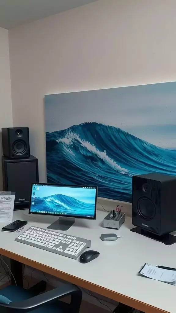 An organized desk with a computer and speakers, featuring a backdrop of ocean waves.