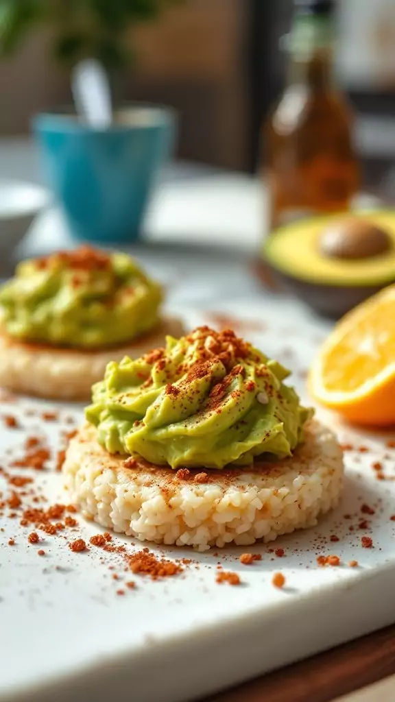 Rice cakes topped with mashed avocado and spices, served with lemon slices.