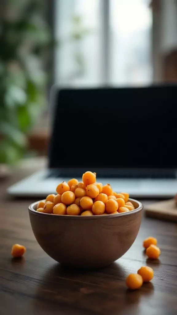 A bowl of roasted chickpeas on a wooden table next to a laptop.