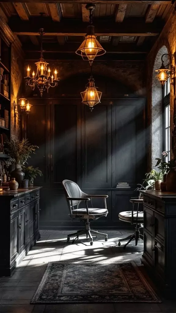 A dark Cottagecore home office featuring rustic lighting fixtures.