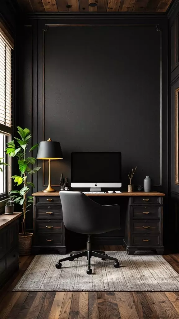 A dark home office with a black wall, wooden furniture, and stylish decor.