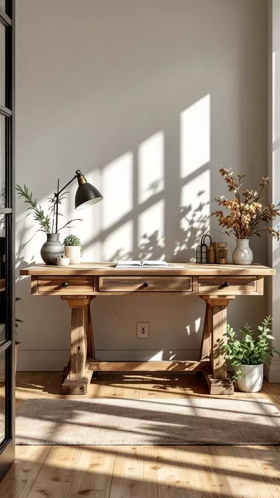 A rustic wood desk with a lamp and decorative plants in a bright office space.