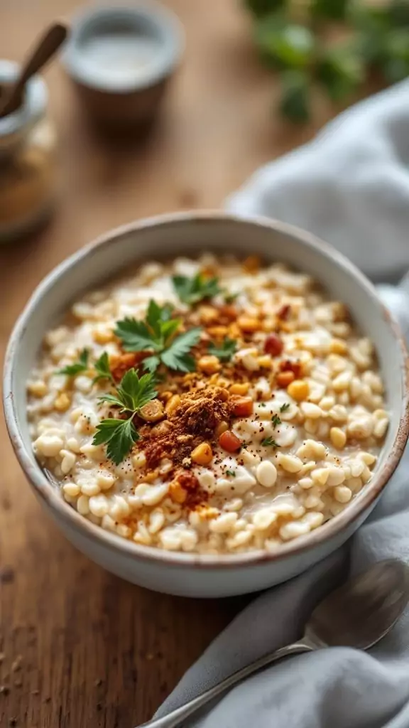 Bowl of savory overnight oats topped with herbs and spices