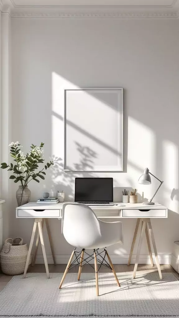 Cozy Scandinavian home office with a sleek modern desk, natural wood flooring, and minimalist decor.