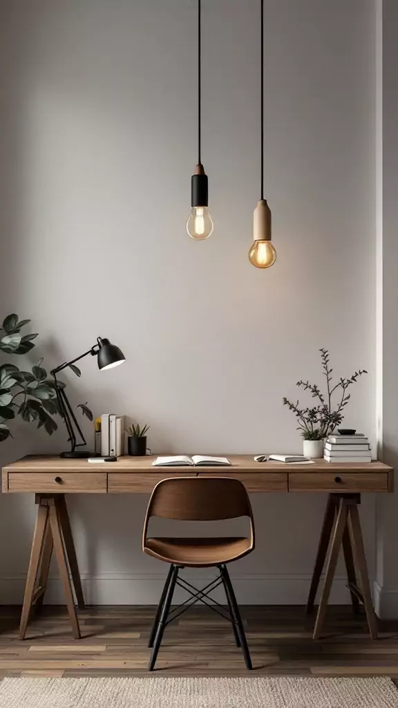 Scandinavian light fixtures above a minimal wooden desk in a serene home office setting