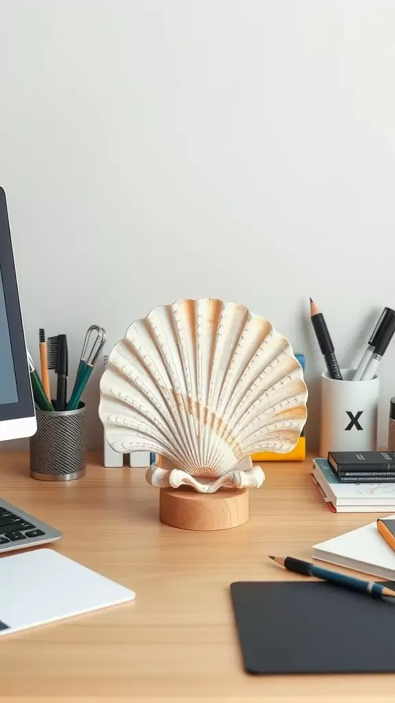 A seashell centerpiece on a desk surrounded by office supplies.