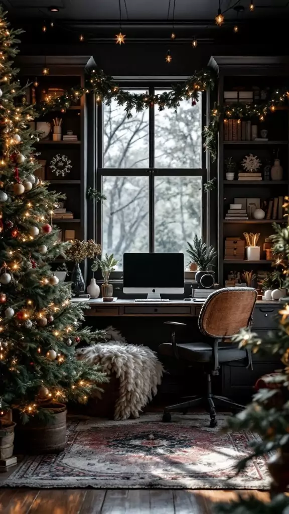 A cozy dark cottagecore home office decorated for the holidays with a Christmas tree and warm lighting.