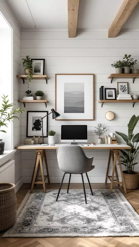 A modern farmhouse office with shiplap walls, a wooden desk, and stylish decor.