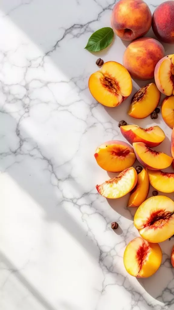 Sliced peaches on a marble surface