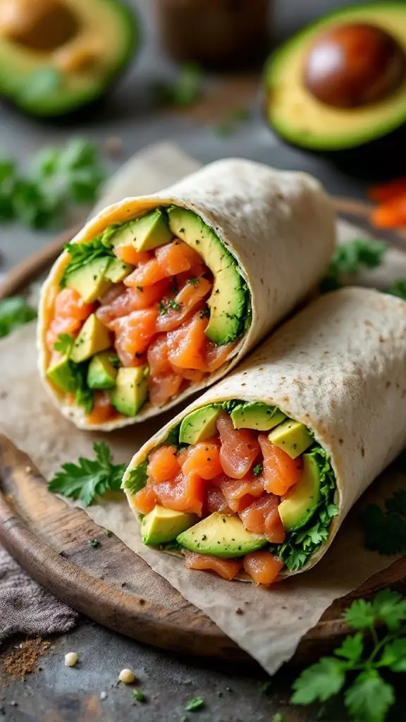 A smoked salmon and avocado wrap cut in half, showing fresh ingredients inside.