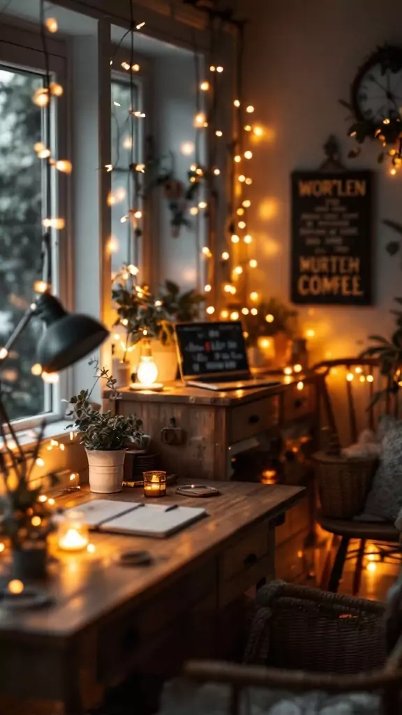 Cozy dark cottagecore home office with soft lighting and plants.