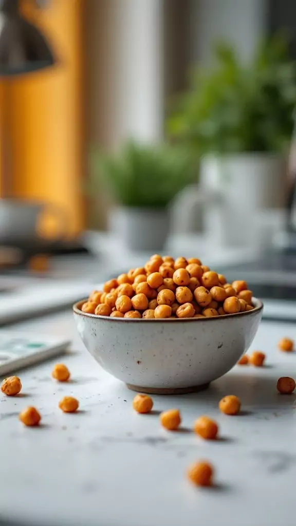 A bowl of spiced chickpeas with some scattered around, set in a bright office environment.