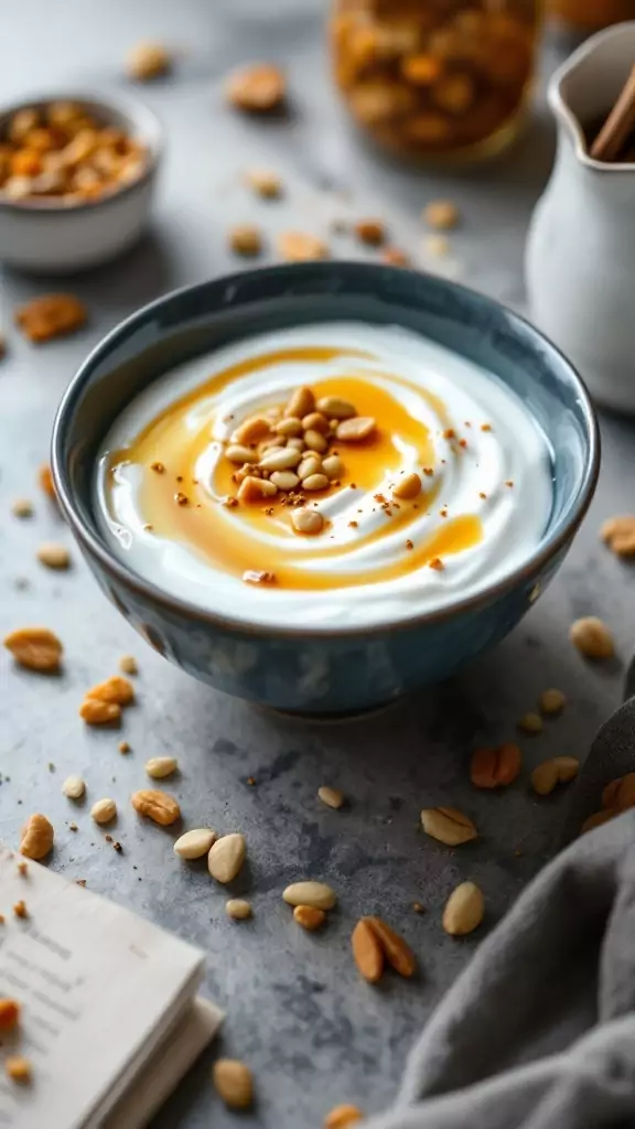 A bowl of spiced yogurt topped with honey and nuts on a table.