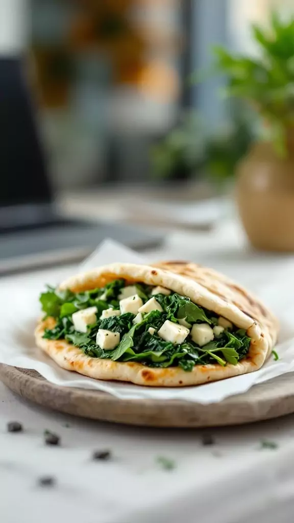 A delicious spinach and feta stuffed pita on a wooden plate, with a laptop and plant in the background.