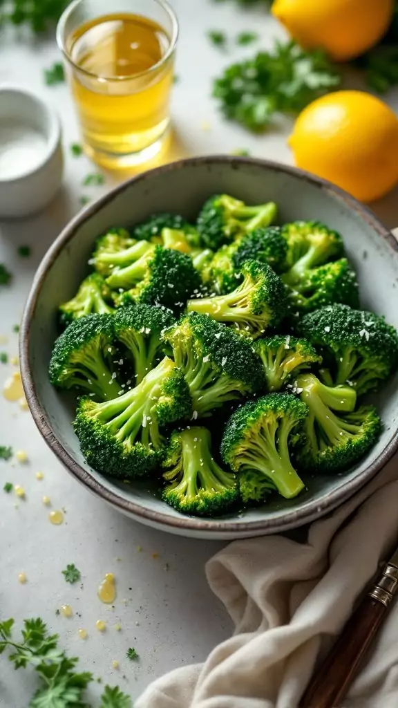 A bowl of steamed broccoli garnished with lemon