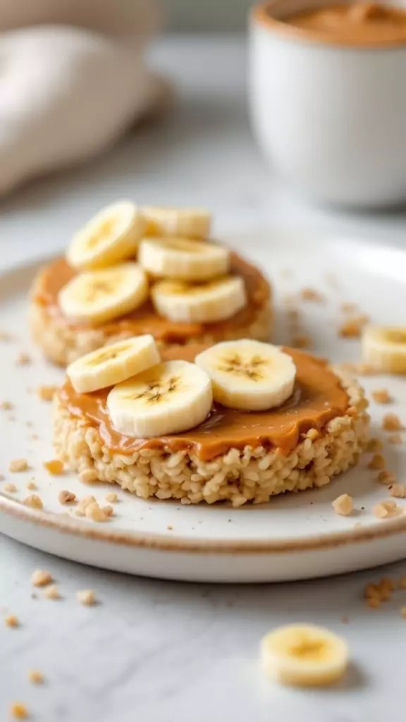 Rice cakes topped with sunflower seed butter and banana slices.