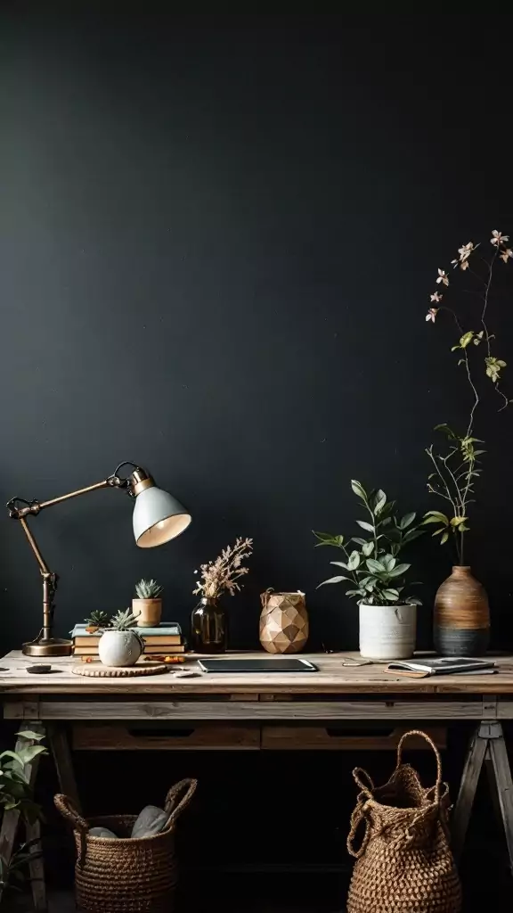 A dark cottagecore home office with a wooden desk adorned with plants, books, and decorative items, set against a black wall.