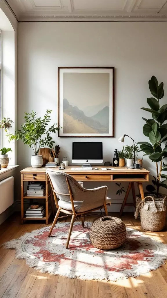 A serene Japandi style home office featuring natural wood furniture, plants, and a cozy atmosphere.