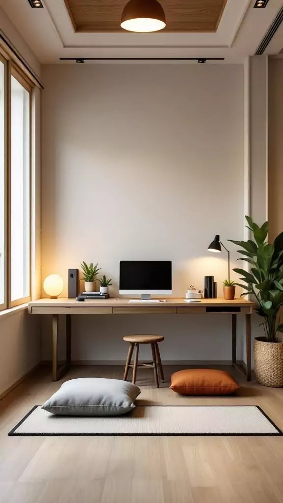 A serene Japandi home office featuring tatami mat flooring, a wooden desk, and soft cushions.