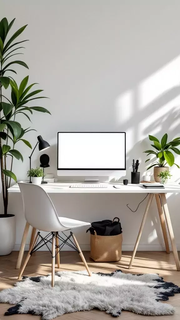 A minimal Japandi style home office featuring a desk, computer, plants, and a cozy rug.