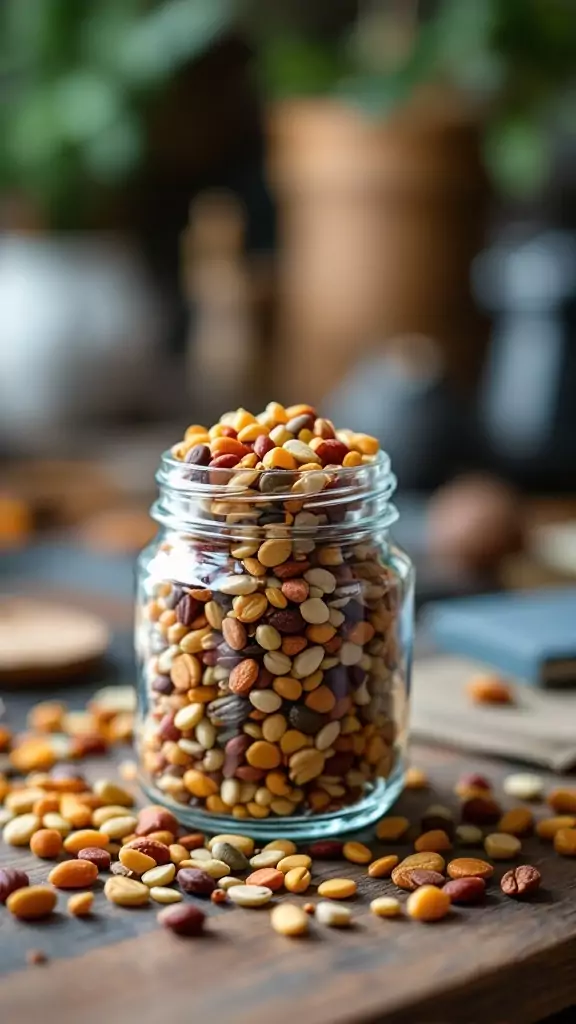 A jar filled with colorful seeds and nuts, spilling onto a wooden table.