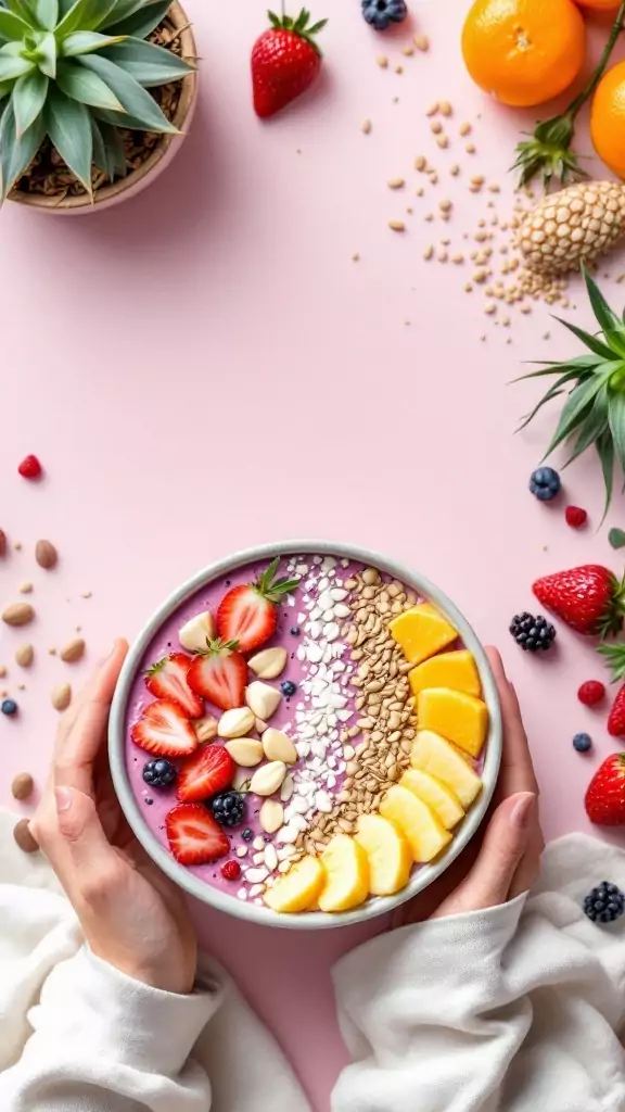 A vibrant tropical smoothie bowl topped with fresh fruits, granola, and nuts.