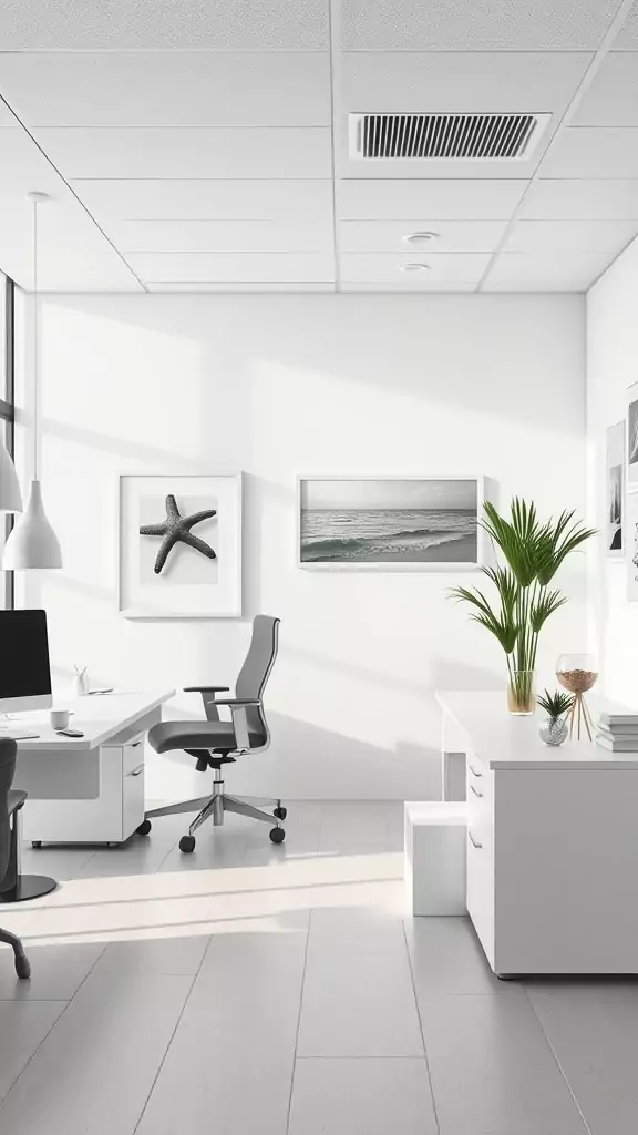 A modern office with beach motifs, featuring a starfish and ocean photography.