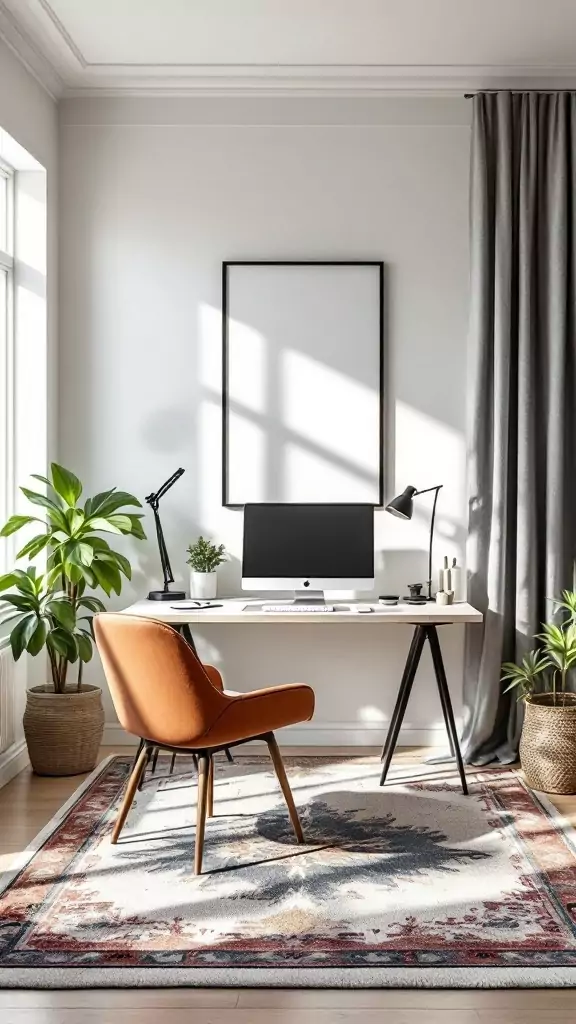 Cozy home office with a stylish area rug, plants, and a sleek modern desk.