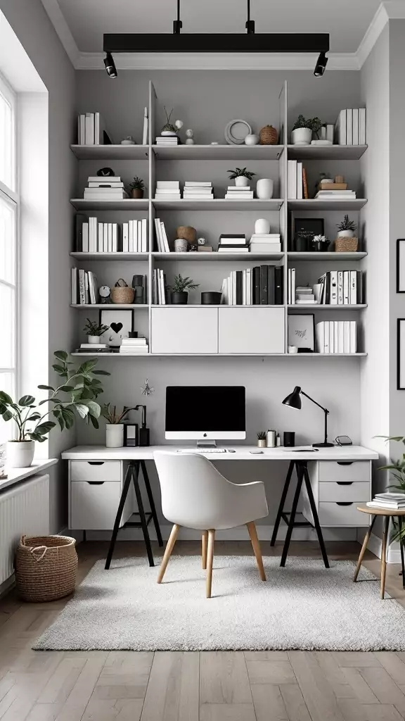 A stylish home office featuring tall shelves filled with books and plants, a sleek modern desk, and natural wood flooring.