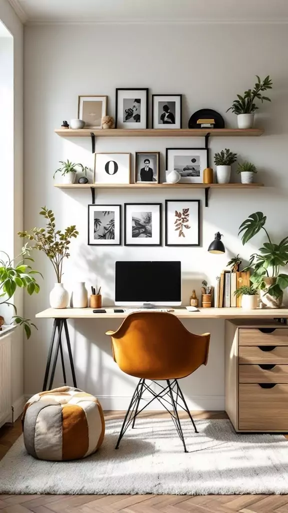 A cozy Scandinavian inspired home office with open shelves, plants, and a sleek modern desk.