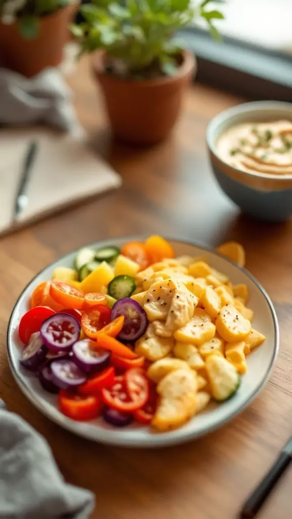 A plate of colorful sliced vegetables with hummus for dipping.