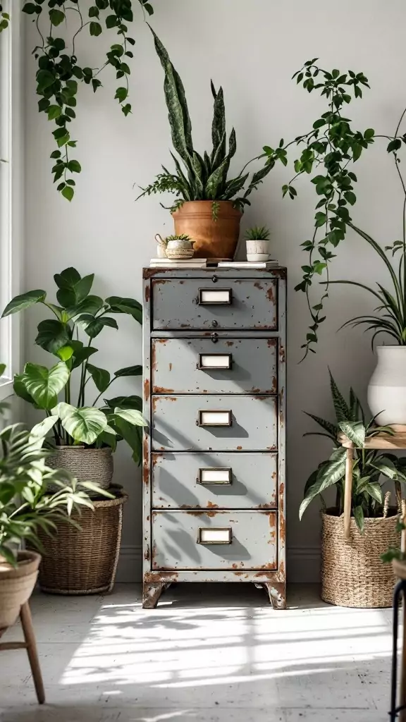 A vintage file cabinet surrounded by plants in a bright room.