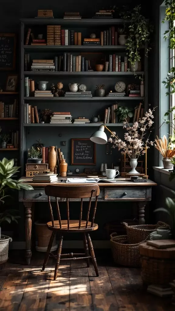 A vintage wooden desk with a chair, surrounded by books and plants in a dark cottagecore home office.